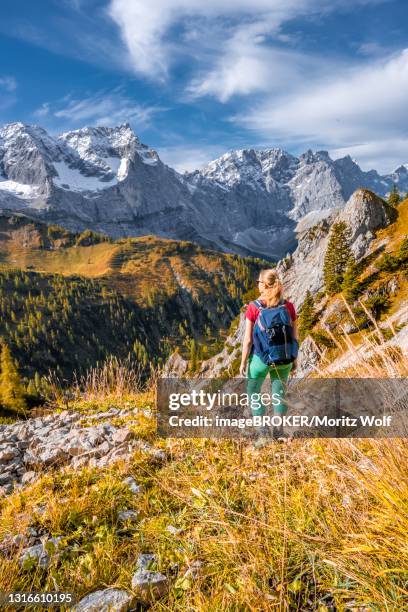 hiker on hiking trail in the mountains, hiking to hahnkampl, left summit of spitzkarspitze, alpenpark karwendel, tyrol, austria - hiking across the karwendel mountain range stock pictures, royalty-free photos & images