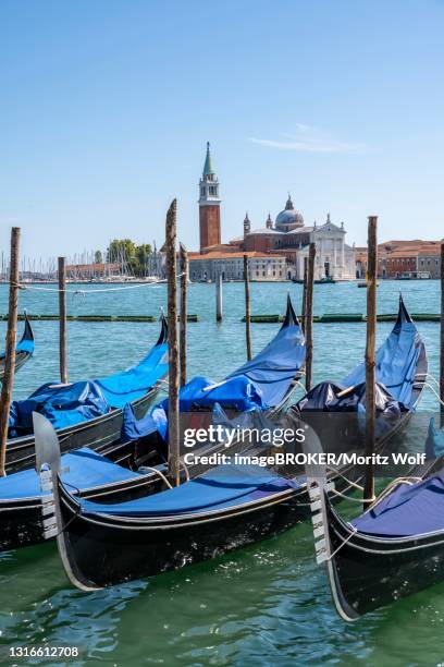 venetian gondolas in the lagoon, monastery san giorgio maggiore, district san marco, venice, region veneto, italy - venedig gondel stock-fotos und bilder