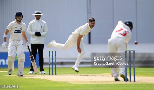James Anderson of Lancashire bowls during the LV= Insurance County Championship match between Lancashire and Glamorgan at Emirates Old Trafford on...