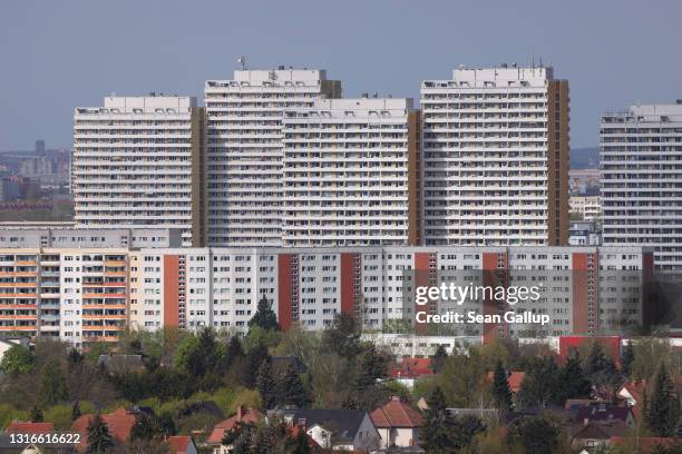 Apartment buildings built under the Communist authorities of former East Germany before 1989 stand in Marzahn district on May 06, 2021 in Berlin,...