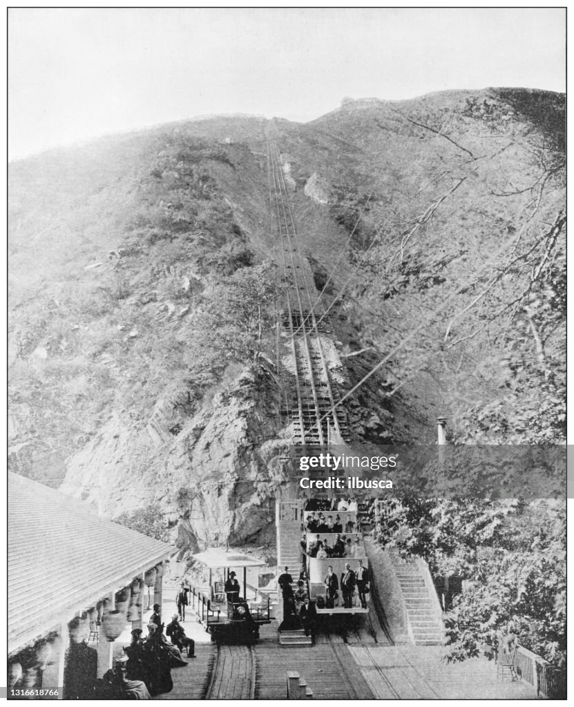 Antique black and white photograph of American landmarks: Pasadena mountain railway, California