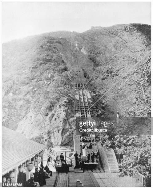 antique black and white photograph of american landmarks: pasadena mountain railway, california - pasadena california stock illustrations
