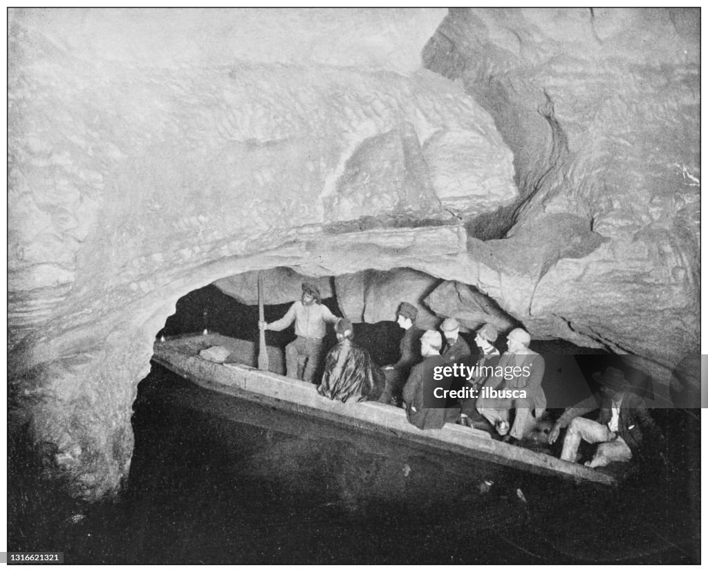 Antique black and white photograph of American landmarks: Echo River, Mammoth Cave, Kentucky