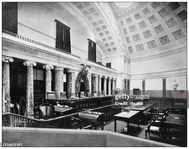 ilustrações de stock, clip art, desenhos animados e ícones de antique black and white photograph of american landmarks: supreme court room, washington dc - courthouse