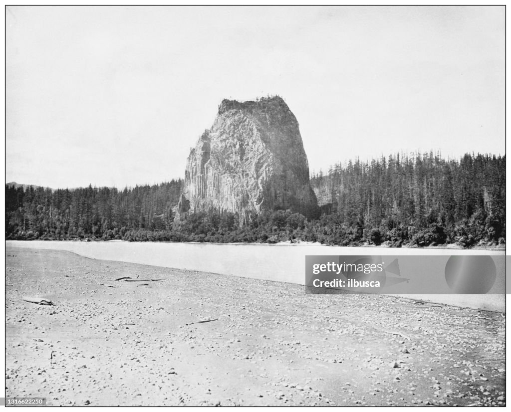 Antique black and white photograph of American landmarks: Castle Rock, Columbia, River