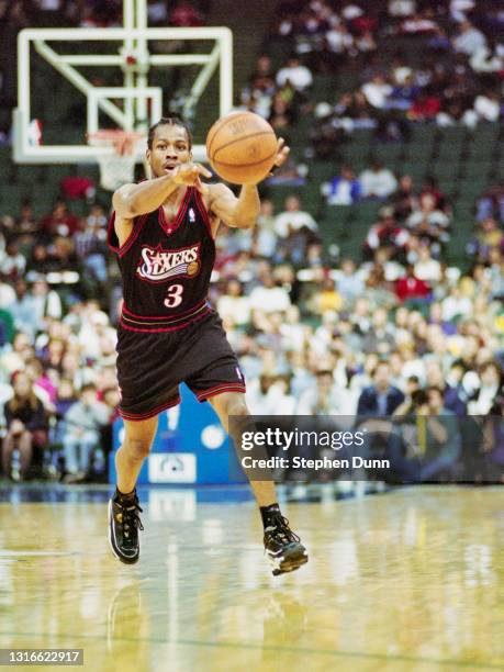 Allen Iverson, Shooting Guard and Point Guard for the Philadelphia 76ers passes the basketball down court during the NBA Midwest Division basketball...