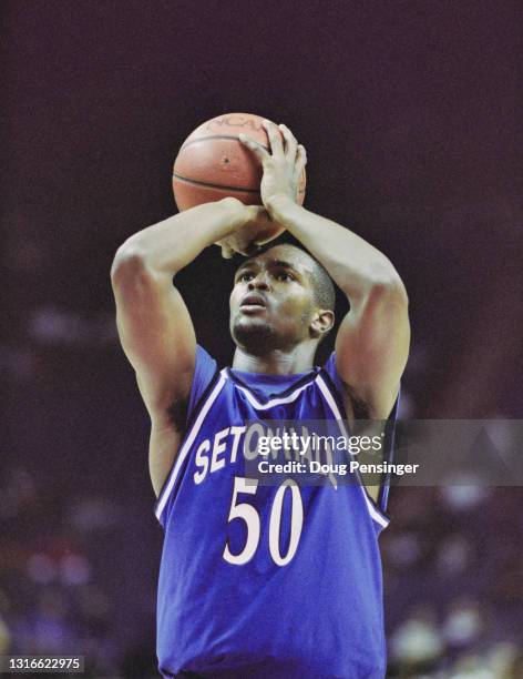 Duane Jordan, Forward for the Seton Hall University Pirates prepares to make a free throw shot during the NCAA Big East Conference college basketball...