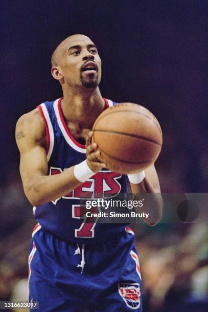 Kenny Anderson, Point Guard for the New Jersey Nets prepares to shoot a free throw during the NBA Atlantic Division basketball game against the New...