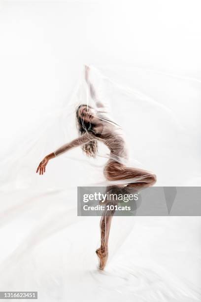 de mooie ballerina danst met dun nylon - see through dress stockfoto's en -beelden