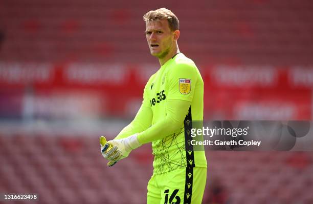 Adam Davies of Stoke City during the Sky Bet Championship match between Stoke City and Queens Park Rangers at Bet365 Stadium on May 01, 2021 in Stoke...