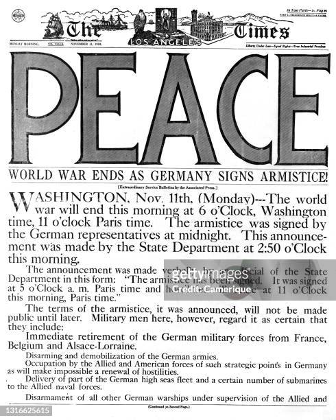 1910s The Los Angeles Times Newspaper November 11 1918 Headline Peace World War Ends Germany Signs Armistice Los Angeles Ca USA.