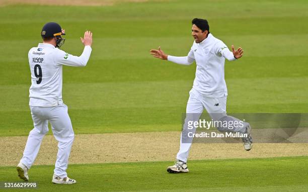 Mohammad Abbas of Hampshire celebrates taking the wicket of Eddie Byrom of Somerset during day one of the LV= County Championship match between...