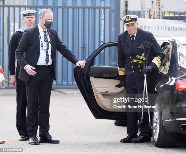 King Harald V attends an inspection of the Royal Yacht Norge on May 6, 2021 in Oslo, Norway. .