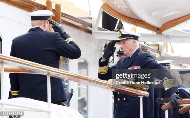 King Harald V attends an inspection of the Royal Yacht Norge on May 6, 2021 in Oslo, Norway. .
