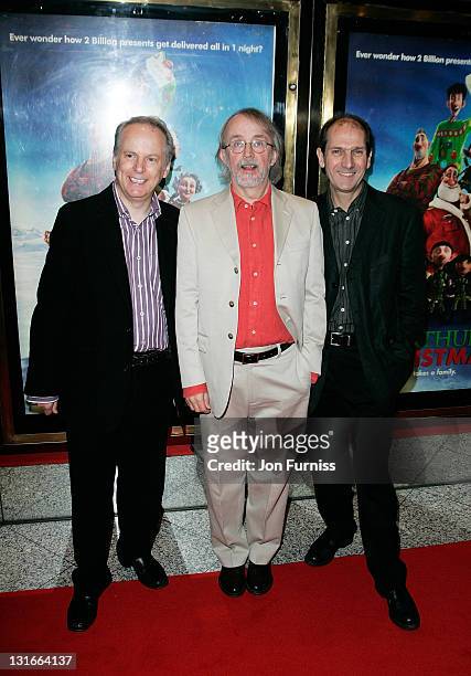 Nick Park, Peter Lord and David Sproxton attend the UK premiere of 'Arthur Christmas' at Empire Leicester Square on November 6, 2011 in London,...