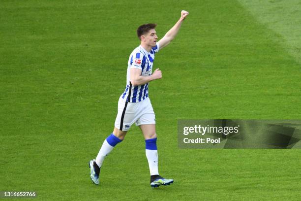 Krzysztof Piatek of Hertha Berlin celebrates after scoring his team's first goal during the Bundesliga match between Hertha BSC and Sport-Club...