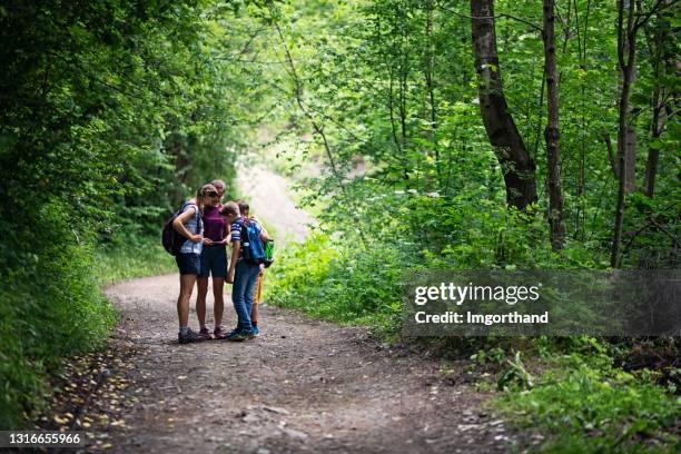 hiking family hiking on the forest path into the spring - woods stock pictures, royalty-free photos & images