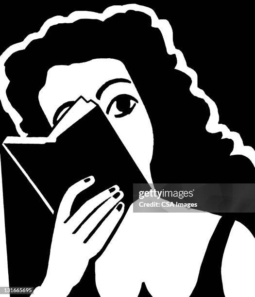 ilustraciones, imágenes clip art, dibujos animados e iconos de stock de woman hiding behind book - mujer leyendo