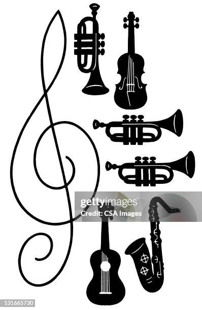 ilustraciones, imágenes clip art, dibujos animados e iconos de stock de musical instruments - trompeta