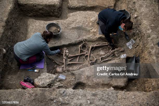 Forensic archaeologists Eulalia Díaz and Inma Lopez are working on the exumation of the remains of three people, who could be victims of the civil...