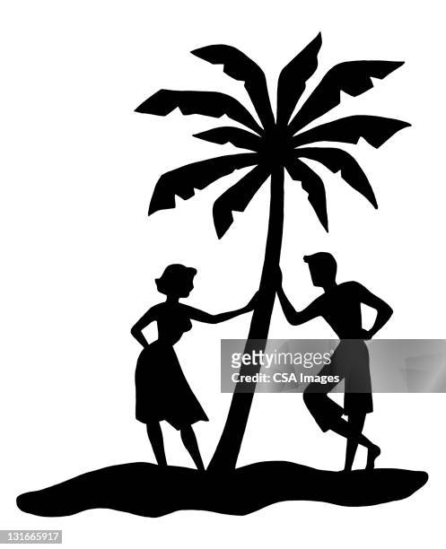 couple leaning against palm tree - south pacific ocean stock illustrations