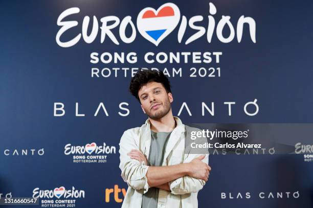 Singer Blas Canto pose for the photographers before his participation in Eurovision at the Monumental Theater on May 06, 2021 in Madrid, Spain.