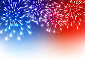 Independence day greeting card with shiny fireworks on blue and red star background