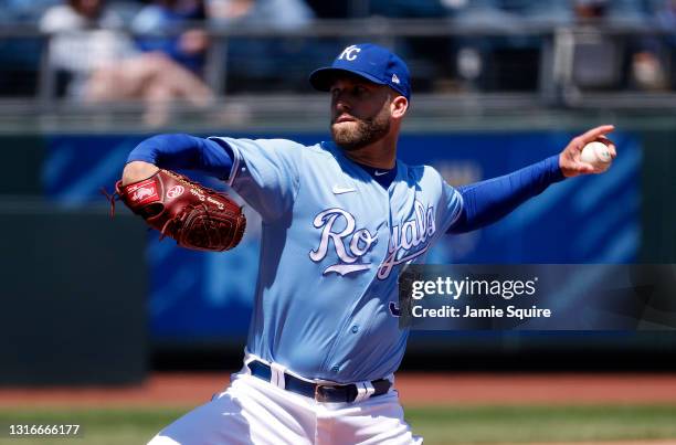 Starting pitcher Danny Duffy of the Kansas City Royals pitches during the 1st inning of the game against the Cleveland Indians at Kauffman Stadium on...