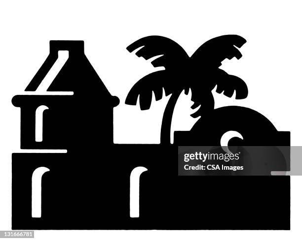 building and palm tree - tourist resort stock illustrations