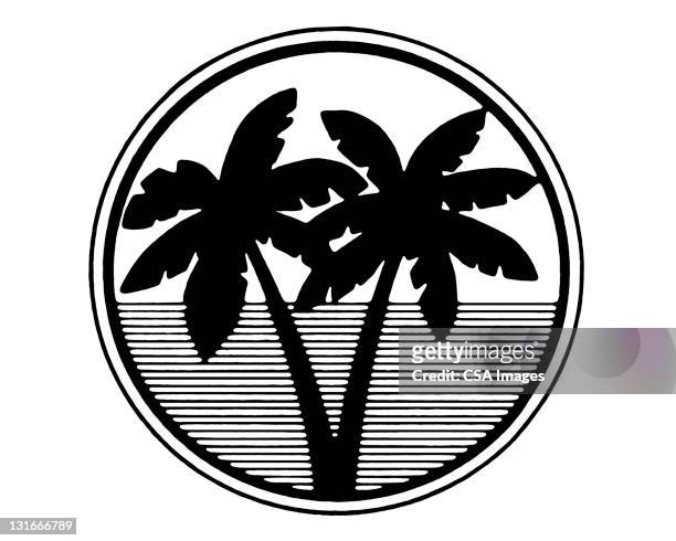 view of two palm trees - tree trunk stock illustrations