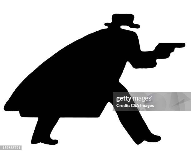 man in long coat with gun - burglarize stock illustrations
