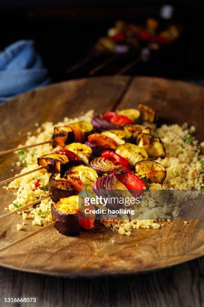 healthy veggie skewer with couscous salad - vegetable kebab stock pictures, royalty-free photos & images