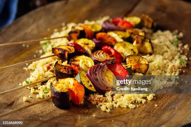 healthy veggie skewer with couscous salad - vegetable kebab stock pictures, royalty-free photos & images