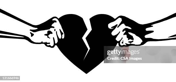 two hands tearing heart in two - divorce stock illustrations