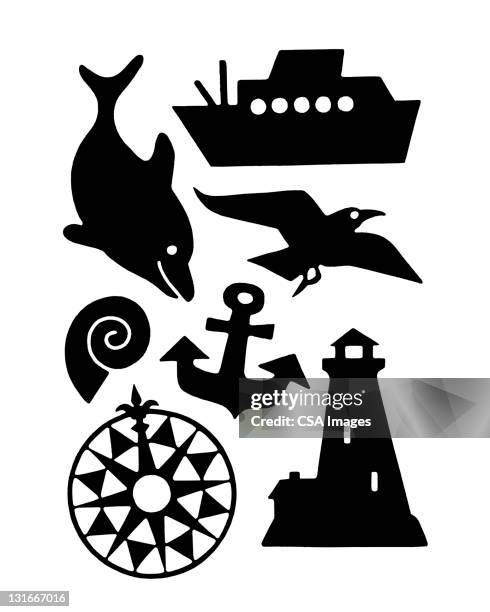 miscellaneous ocean related objects - light house line drawing stock illustrations