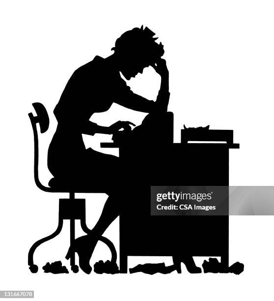 silhouette of upset woman at desk - author logo stock illustrations