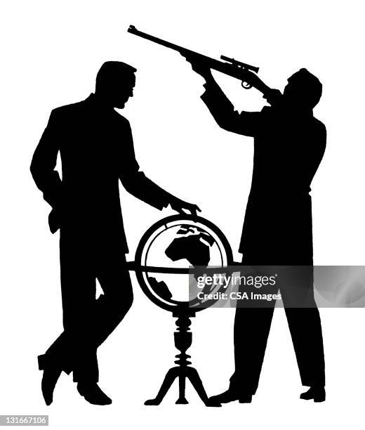 men with globe and gun - gang stock illustrations