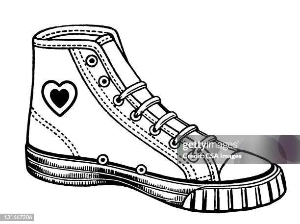 ilustraciones, imágenes clip art, dibujos animados e iconos de stock de high-top tennis shoe with heart - cordón de zapato