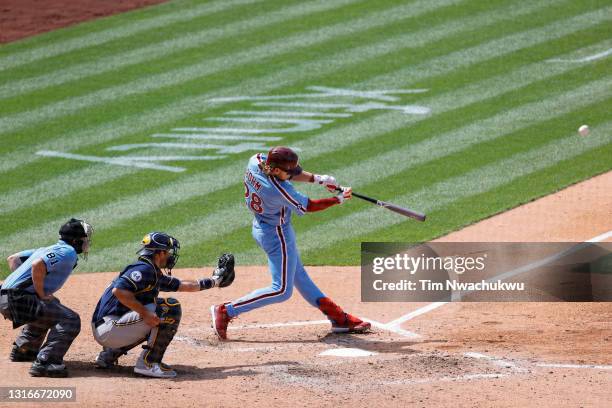 Alec Bohm of the Philadelphia Phillies hits a one run home run during the seventh inning against the Milwaukee Brewers at Citizens Bank Park on May...