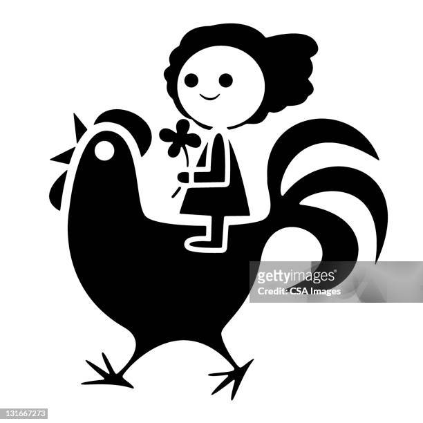 girl riding chicken - rooster print stock illustrations