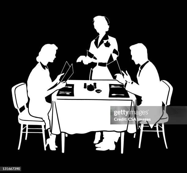 couple dining at restaurant - female waitress stock illustrations