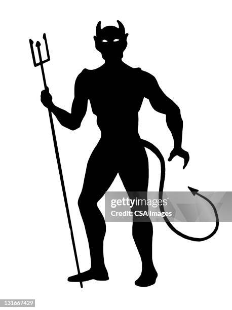 ilustraciones, imágenes clip art, dibujos animados e iconos de stock de silhouette of devil holding pitchfork - devil