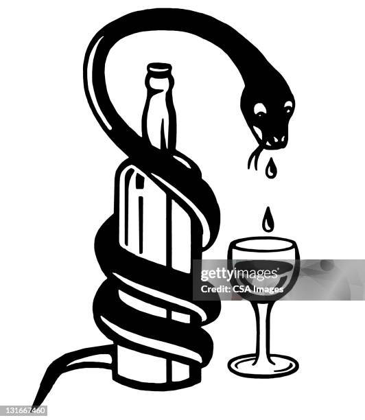 snake with liquor bottle and glass - giftschlange stock-grafiken, -clipart, -cartoons und -symbole