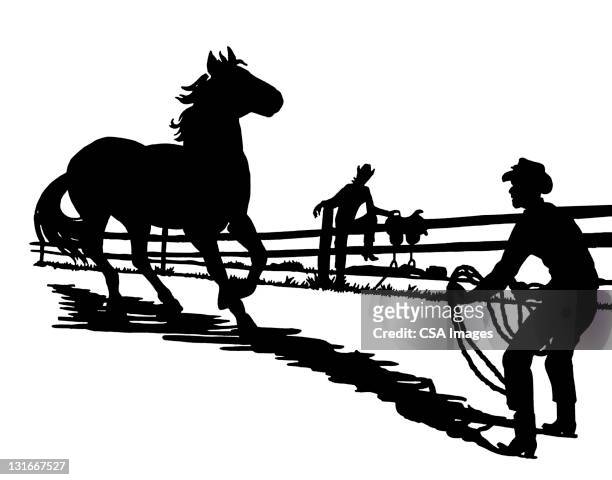 cowboy wrangling horse - meadow logo stock illustrations