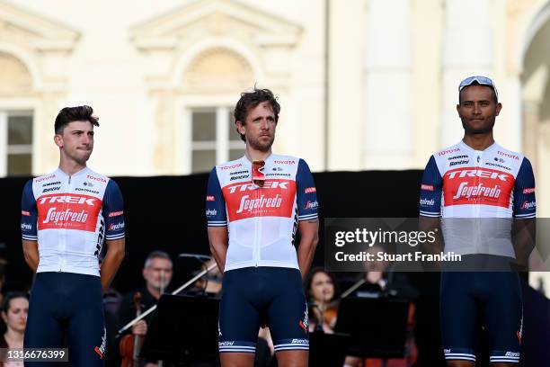 Giulio Ciccone of Italy, Koen De Kort of Netherlands & Amanuel Ghebreigzabhier Werkilul of Eritrea and Team Trek - Segafredo during the 104th Giro...