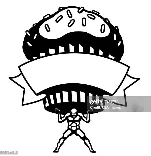 stong man lifting large cupcake - cake logo stock illustrations