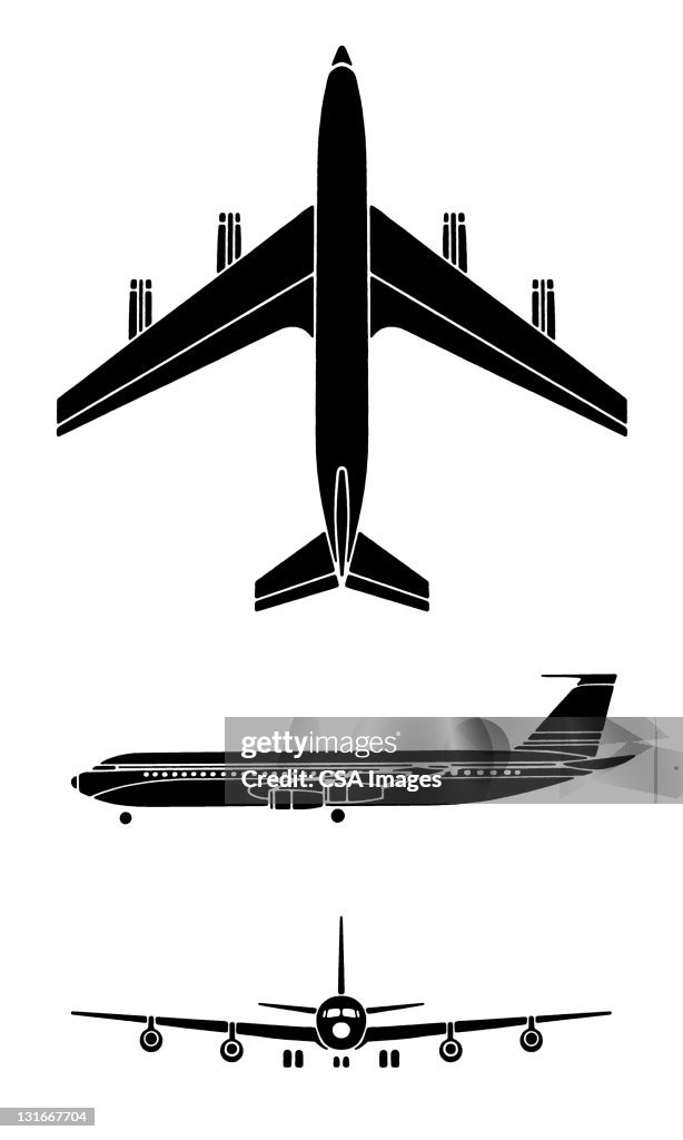 Black And White Three Views Of Airplane High-Res Vector Graphic - Getty ...