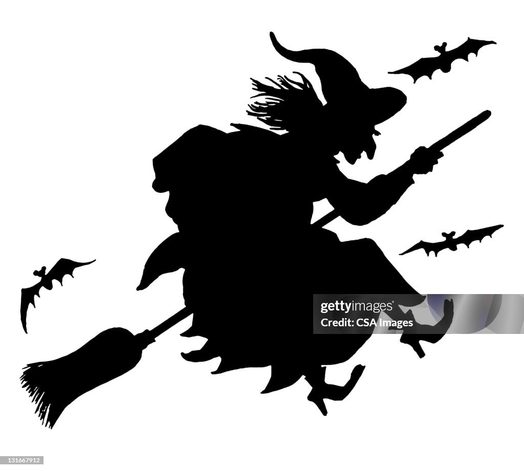 Silhouette of Witch Flying on Broom