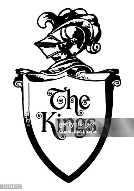 ilustraciones, imágenes clip art, dibujos animados e iconos de stock de knight shield says the kings - traditional helmet