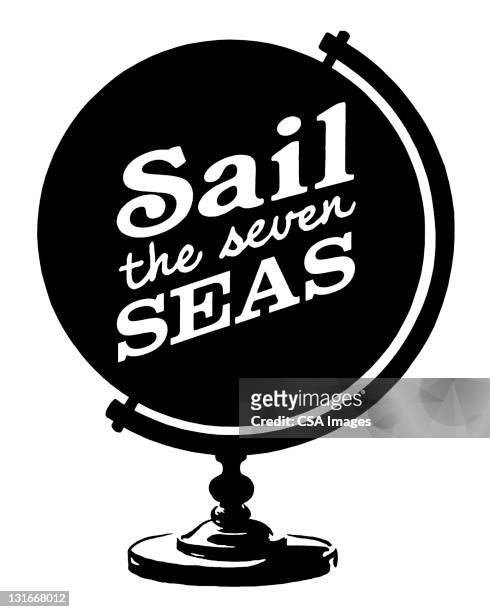 sail the seven seas globe - journey logo stock illustrations